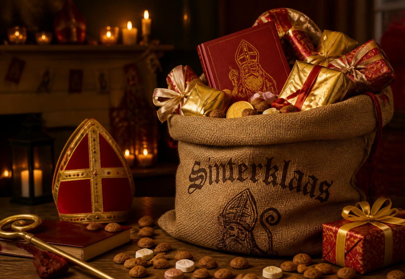 Sinterklaaszak vol cadeaus, pepernoten en kaarslicht